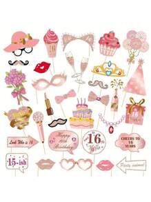 33 件玫瑰金闪光生日照片亭道具套件，DIY 趣味生日快乐照片道具套装，适用于女性装饰品（带棍棒），生日派对装饰品及用品，圣诞节 - 彩色 - 查看 21