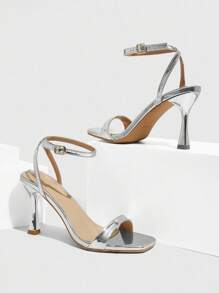 CUCCOO SZL 女士时尚银色简约踝带高跟方头凉鞋，适合通勤、约会和派对 - 銀色 - 查看 8