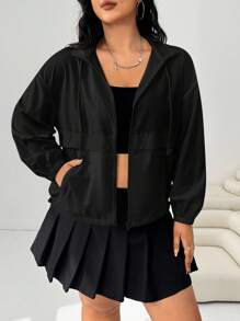 Comfortcana Plus Size Black Casual Solid Color Hooded Drawstring Loose Cardigan Jacket Winter Fall Autumn - Black - View 10