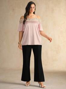 Flouryn Plus Size Elegant Blush Pink Summer Cold Shoulder Top,Lace Trim Patchwork Loose Fit Short Sleeve Tops For Women,Formal Tea Party Commuter - Pink - View 3