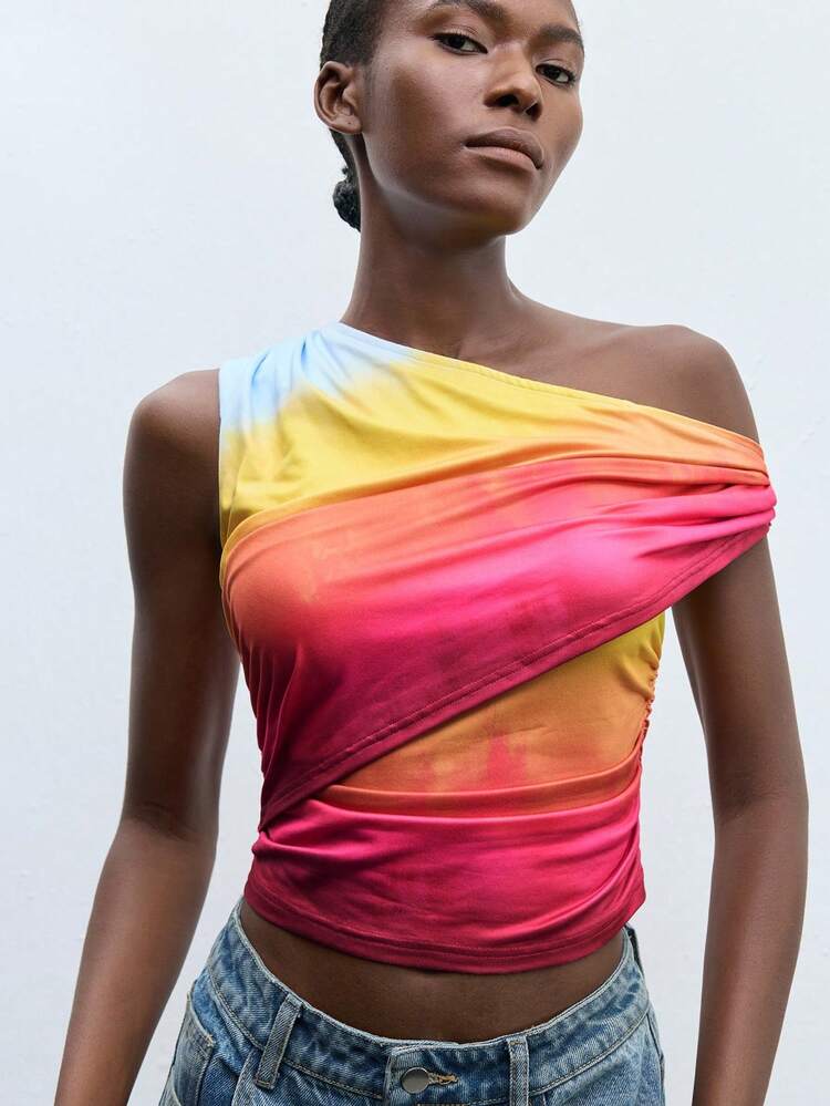 SHEIN Maija Multi-Color Asymmetrical Shoulder Ruched Women's Tight Top, Comfortable Casual Urban Style Versatile Blouse For Outings, Parties, Daily Wear, Autumn