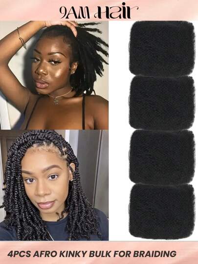 Boho Braids 4 件非洲卷发散装真人发片接发 8-16 英寸巴西雷米真人发片 适合辫子辫子 天然黑色 男女皆宜