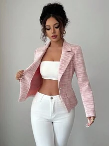 Selianne 优雅浪漫格子面料腰部合身长袖女式西装外套 - 粉色 - 查看 4