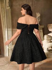 Aureia 加大码优雅奢华黑色露肩大蝴蝶结提花面料系带长裙礼服