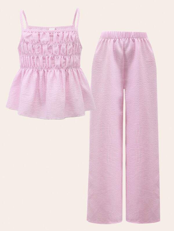 Sweetra Young Ensemble 2 pièces top à fines brides et pantalon large jambe pour préadolescentes, en tissu texturé froissé avec cordon de serrage. Convient pour le quotidien, les déplacements, les vacances, la photographie de rue entre sœurs, printemps/été