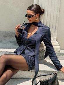 Siren Gaze New Autumn Exquisite Commuter Three-Piece Suit For Women, Navy Blue Stripes Old Money Style Commuter Wear, Office Siren Style, Exquisite And Elegant Suit (With Matching Silk Scarf) Blazer Skirt Set Winter Casual Spring - Blue - View 5