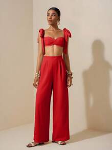 Zivah 海滩新款春夏休闲度假蝴蝶结肩带裹胸心形领短款上衣+阔腿超长裤杏色女两件套Se，纹理面料材质 - 紅色 - 查看 4