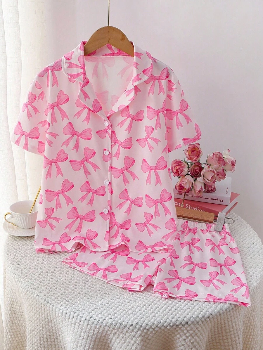 Bộ đồ ngủ cho bé gái tuổi teen, áo sơ mi và quần short in hình bướm màu xanh nhạt, đồ ngủ 2 món thời trang và thanh lịch - Hồng - Xem 1