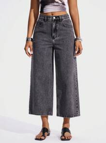 Jeanoix Women's Pocket Loose Wide Leg Casual Versatile Denim Pants Wide Leg Jeans Y2k - Grey - View 4