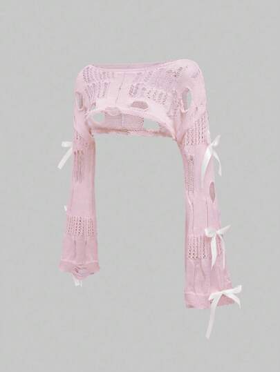 Kawaii Suéter de mujer con cuello asimétrico, lazo hueco y diseño suave y lindo