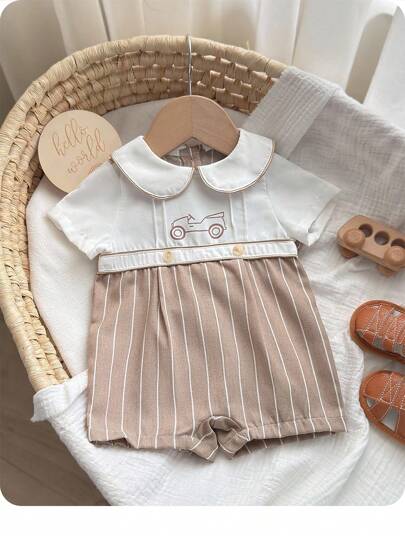 Tuta neonato maschio/femmina con motivo a cartone animato e righe, scollo a bavero, ideale come outfit casual per feste, compleanni, serate, cerimonie, battesimi e festa di nascità di 1° compleanno