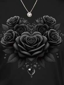 INAWLY 女士休闲玫瑰花朵印花圆领短袖T恤，夏季 - 黑色 - 查看 4