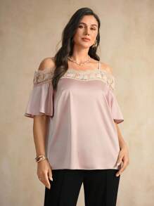 Flouryn Plus Size Elegant Blush Pink Summer Cold Shoulder Top,Lace Trim Patchwork Loose Fit Short Sleeve Tops For Women,Formal Tea Party Commuter - Pink - View 5