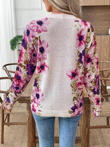 SHEIN LUNE Neu Vintage-inspirierter Farbdruck Rundhals leicht luftiger gestrickter Damen-Pullover, frisch und stylish für Frühling/Sommer - Aprikosenfarben - Übersicht 2