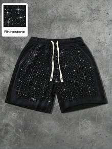 ROMWE MEN Street Life Unisex Rhinestone Spray Painted Design Casual Shorts - Black - View 3