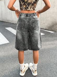 SHEIN 少女休闲灰色纽扣口袋牛仔短裤 - 深灰色 - 查看 2