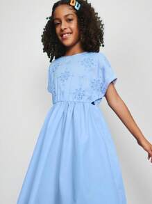 Leap Crew Leap Crew 青少年女孩休闲简约舒适圆领短袖收腰镂空侧边修身连衣裙 - 藍色 - 查看 1