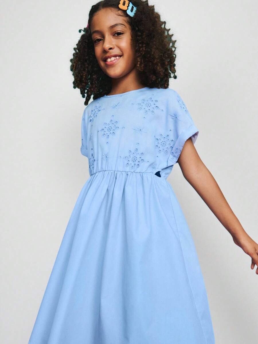 Leap Crew Leap Crew 青少年女孩休闲简约舒适圆领短袖收腰镂空侧边修身连衣裙 - 藍色 - 查看 1