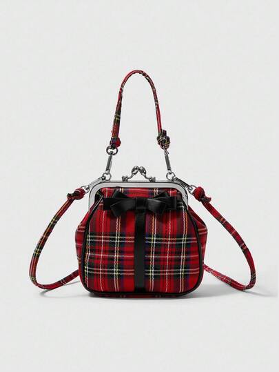 Kawaii Bolso de hombro vintage de mujer elegante y de alta gama con estampado escocés rojo británico y lazo, estilo romántico y dulce con moño negro francés, adecuado para uso casual diario