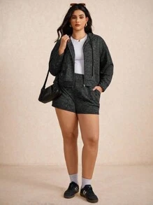 Elaquor Set de 2 piese, casual, versatil, vopsit în stil Tie-Dye, negru, pentru femei, mărime plus, jachetă cu hanorac și pantaloni scurți cu fermoar, toamnă - Negru - Vizualizare 3