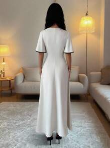 Rafferiza 女士常规夏季新款圆领短袖连衣裙，黑色撞色条纹拼接，收腰，优雅长裙，适合外出、家庭聚会，百搭 - 彩色 - 查看 2