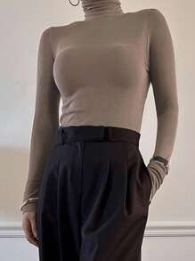DAZY 女式纯色长袖休闲套头高领T恤，秋冬 - 摩卡棕 - 查看 5