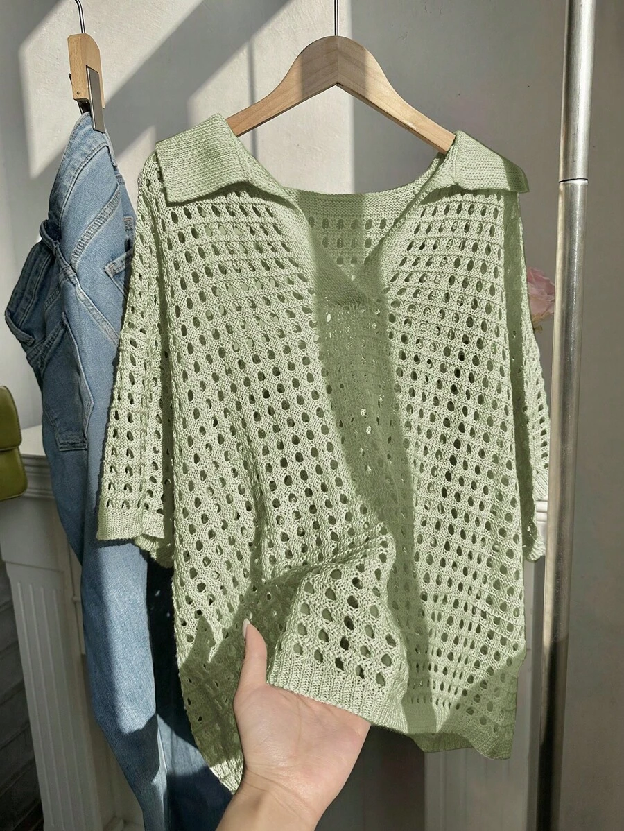 Comfortcana 大码休闲纯色镂空领短袖毛衣