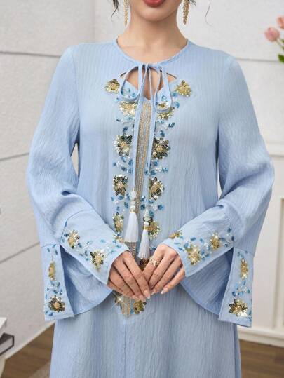 Yasmyna 春秋荷叶边下摆圆领长袖前串珠刺绣喇叭裙