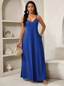 SHEIN Lady 2025 新款蓝色女士波西米亚风露背女士宽松长裙女士连衣裙宽松露肩生日和活动礼服/节日礼服度假服装女士波西米亚风/波西米亚风女装吊带上衣非洲女装女士连衣裙夏季热带女士连衣裙新品女士连衣裙沙滩裙复活节连衣裙/复活节女士连衣裙/复活节女士服装 - 寶藍色 - 查看 7