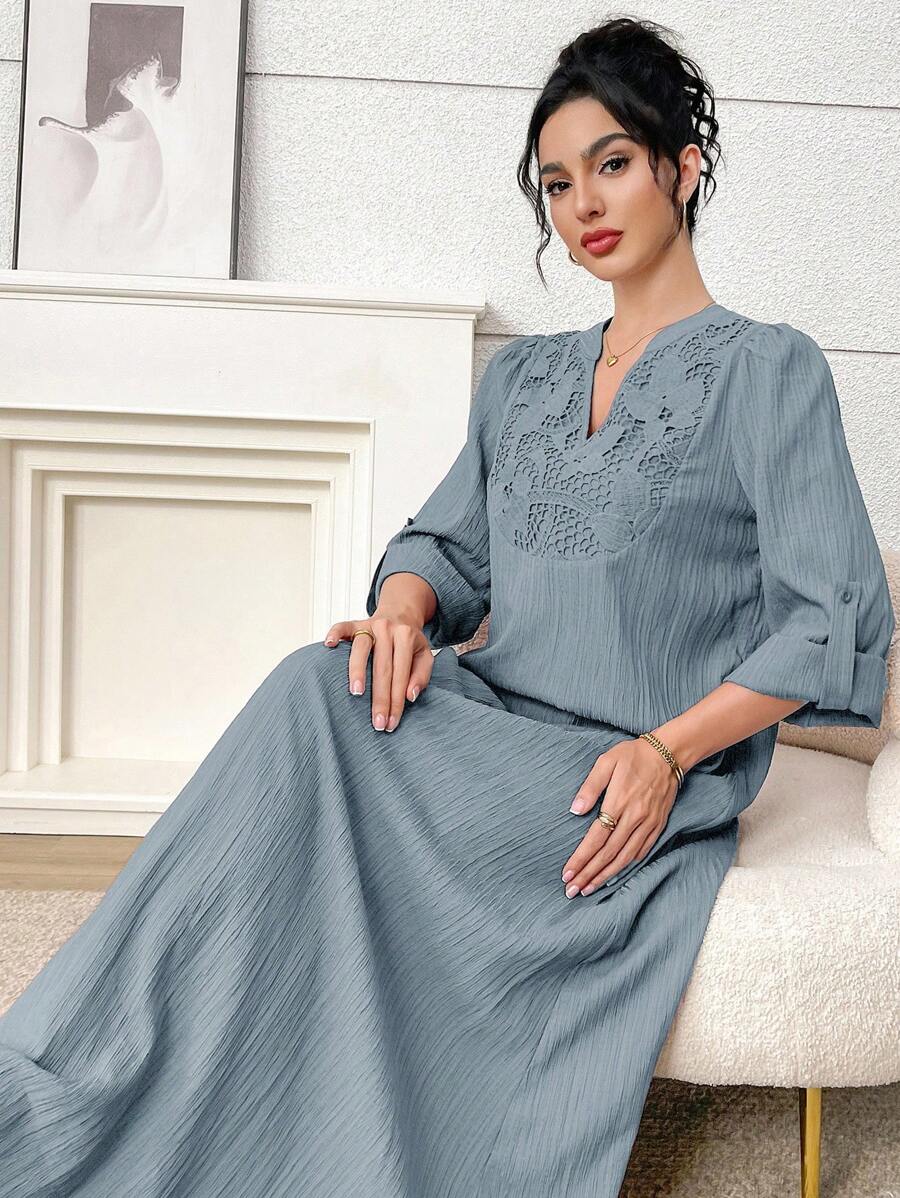 Al Najma Women's Contrast Lace V-Neck Long Sleeve Arabic Dress - Blue - View 1