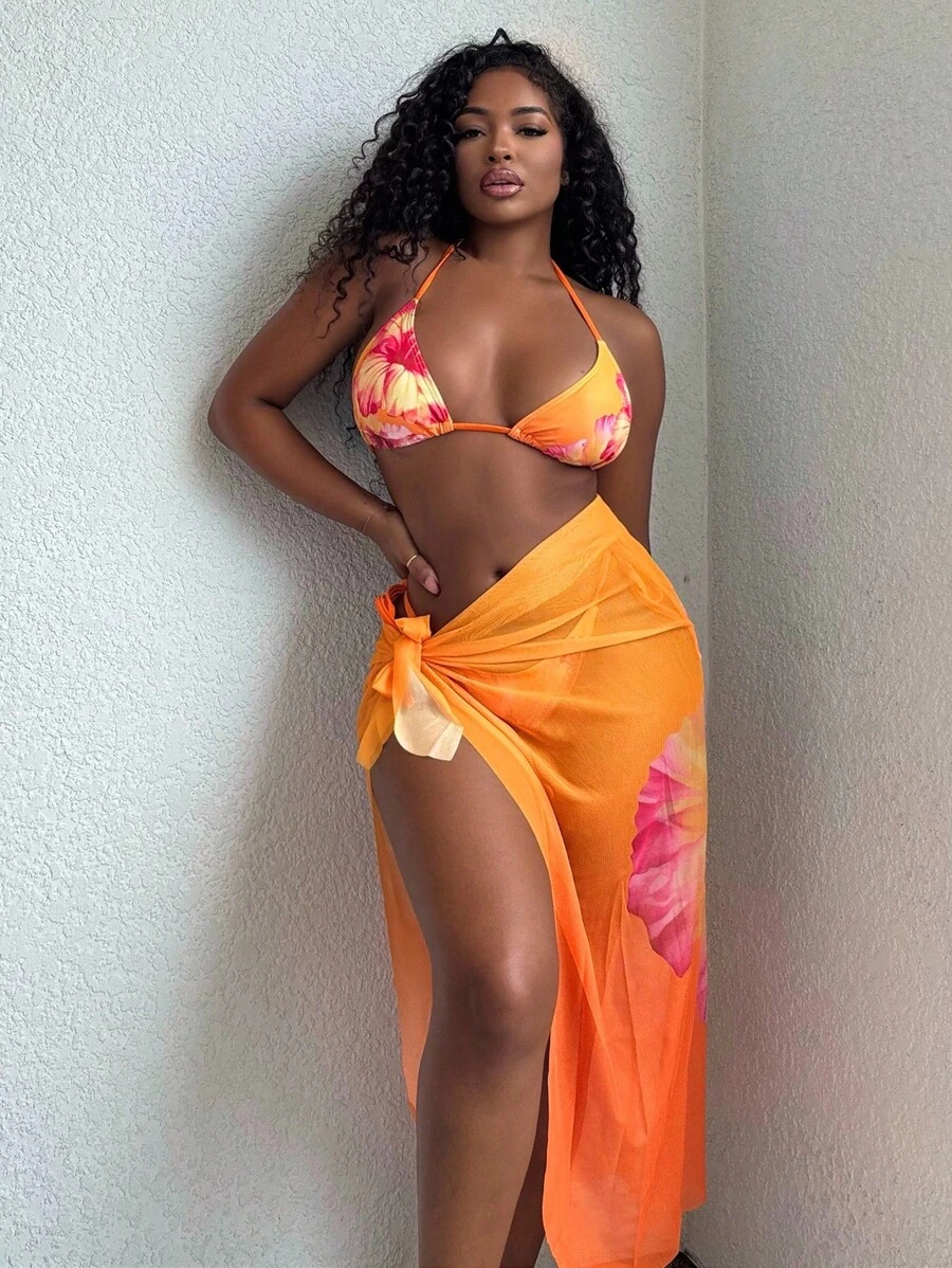 Alexandranx 3 件套女士夏季海滩装包括花卉印花 3D 上衣、系带比基尼泳裤和网眼裹身裙，波西米亚度假风格 - 彩色 - 查看 1
