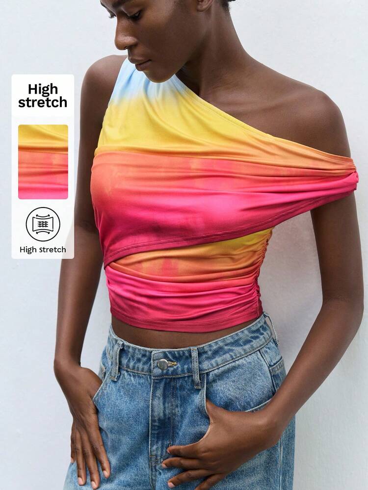 SHEIN Maija Multi-Color Asymmetrical Shoulder Ruched Women's Tight Top, Comfortable Casual Urban Style Versatile Blouse For Outings, Parties, Daily Wear, Autumn