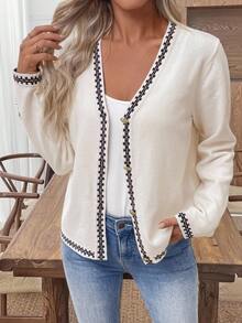 SHEIN LUNE New Soft & Cozy V-Neck Cropped Cardigan Sweater For Women, Personalized Color Blocking, Suitable For Spring & Autumn - Apricot - View 6