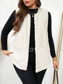 SHEIN LUNE 大码女式休闲毛绒纹理双口袋前开背心，适合秋季大码秋装 - 白色 - 查看 5
