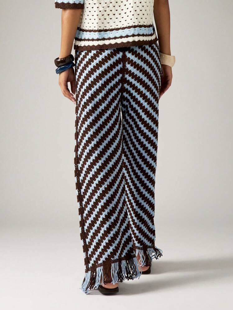Crochet Knit Wide Leg Pants With Fringed Hem