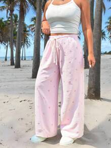 SHEIN EZwear 大码宽松抽绳腰皱粉色蝴蝶结条纹阔腿休闲裤夏季度假裤 - 粉色 - 查看 2