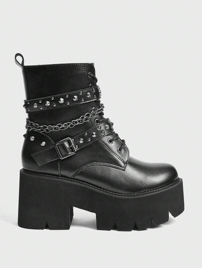 Sugerpunk Botas de montar de moda con tacón alto de 8 cm, suela gruesa y cremallera lateral, de mujer