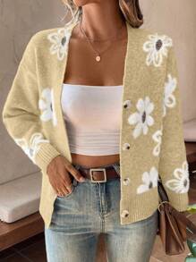 EMERY ROSE 女式花卉印花长袖单排扣休闲开衫 - 黃色 - 查看 6