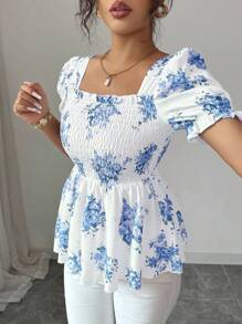 Elenzga 新款春夏法式紫色碎花腰部收紧优雅优质荷叶边领泡泡袖A字型女式复古短袖衬衫，适合教师 - 藍色 - 查看 6