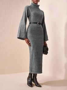 Zivah 2025 Herbst/Winter Neuerscheinung, Musikfestival, Abschlussfeier Saison, College Stil, Studentenmode, Alltags Lässig, Urlaub, Strand, Streetwear, Pendler Elegant, Outfit für Lehrerinnen, gehäkeltes grau meliertes Langarmkleid mit Schlitz an der Seite & weiten Ärmeln - Grau - Übersicht 4