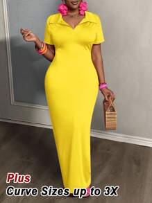 Slaydiva Vestido de manga corta con cuello polo, ajustado, elástico, minimalista, versátil y casual para uso diario en verano, talla grande para mujer