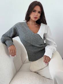Firerie Casual And Elegant Gray And White Stitching Long-Sleeved Sweater, Suitable For Commuting, Work Wear And Outdoor Occasions/Fall/Back To School/Homecoming/Old Money Style Women/Autumn Bottoms/Tops For Going Out/Pile Collar Pleated Tops/All/Business Casual/Vintage/Fall