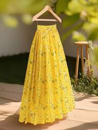 GlowEve Yellow Ditsy Floral Flare Skirt, Elegant Vacation Skirt For Women Fall Cloth For Women