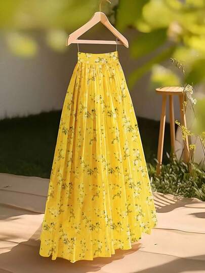 GlowEve تنورة بنمط زهور صغيرة صفراء بقصة مرعرعة، تنورة عطلة أنيقة للنساء