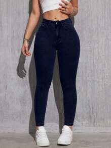 SHEIN Cottnline Women's Casual Solid Color Front Button Skinny Jeans - Dark Wash - View 4