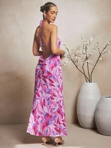 L'Amorae Elegant Floral Print Chiffon Halter Maxi Dress With Low Drape Cowl Back - Multicolor - View 6
