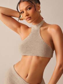 Hauture Women's Sexy Summer 2 Pieces White Knit Crochet Halter Top With Mini Skirt Set - Apricot - View 3