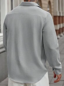 Manfinity Homme Men Plain Front Button Casual Linen Blend Long Sleeve Shirt,Fall - Grey - View 2