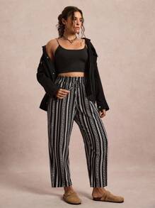 Freevana 大码女式荷叶边腰带条纹宽松裤，阔腿裤，工作裤，返校季秋季教师装，乡村音乐会西部波西米亚风，复古2000年代风格，秋季大码乡村老钱波西米亚休闲秋季假日 - 彩色 - 查看 5