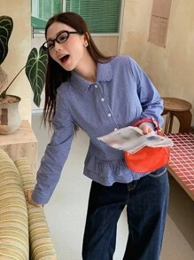 DAZY 女式彼得潘领格子休闲蓝色长袖韩版纽扣衬衫，秋季 - 藍色 - 查看 8